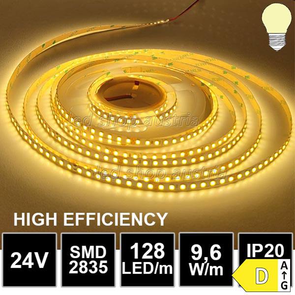 Hoch- Effizienz LED Strip 24V 2835SMD 9,6W/m 128LED/m 5m selbstkl. warmweiß