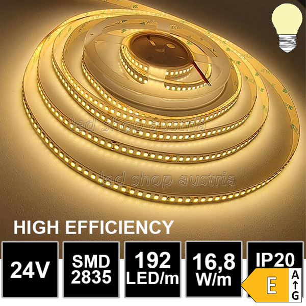 Hoch- Effizienz LED Strip 24V 2835SMD 16,8W/m 192LED/m 5m selbstkl. warmweiß