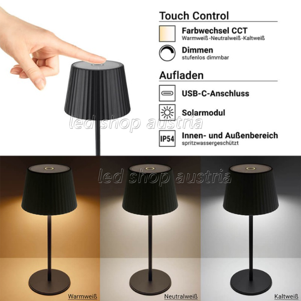 2.5W Solar Akku Tischleuchte wiederaufladbar dimmbar IP54 schwarz CCT