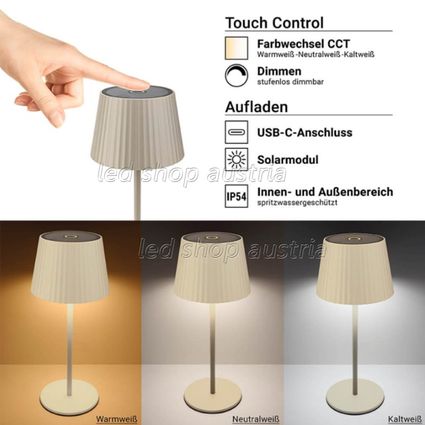 2.5W Solar Akku Tischleuchte wiederaufladbar dimmbar IP54 beige CCT