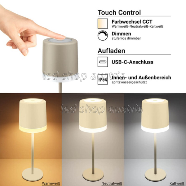 2.5W Akku Tischleuchte wiederaufladbar dimmbar IP54 beige CCT